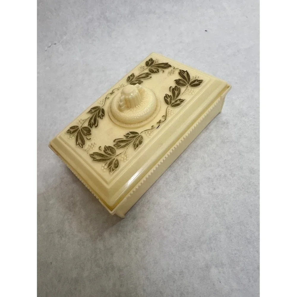 Vintage Cream Celluloid Trinket Box Green Leaf Floral Jewelry Vanity Case 4.5in